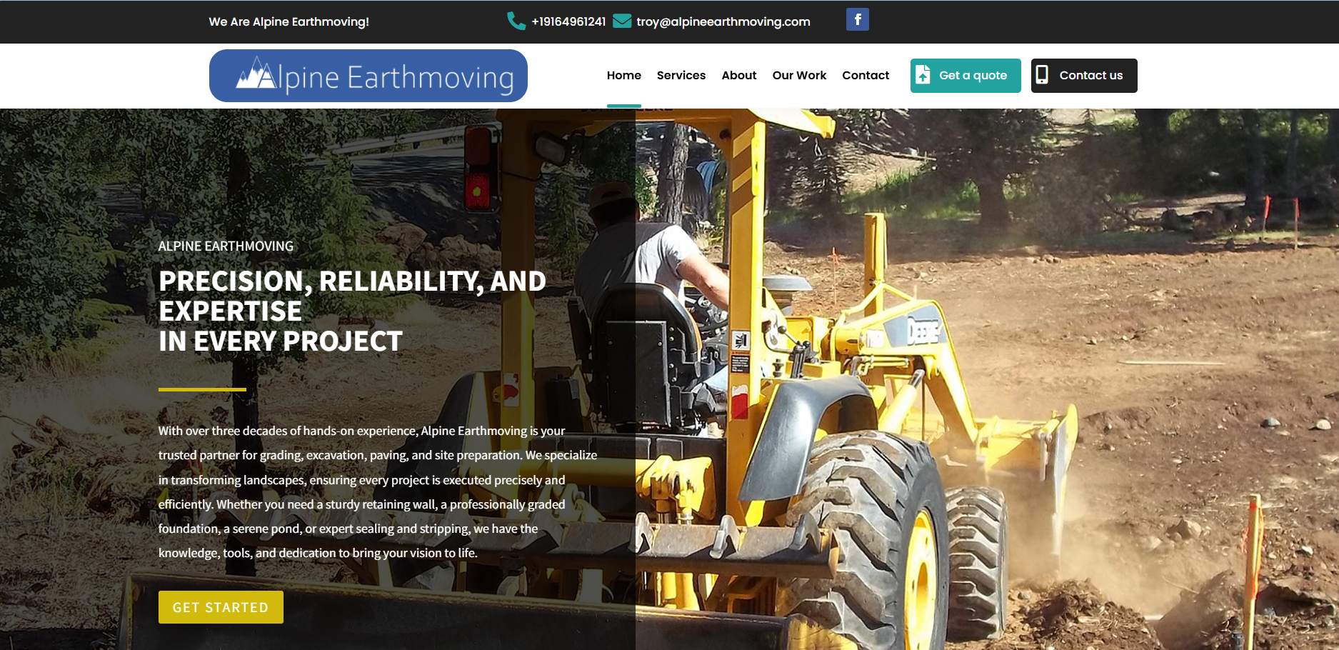 Homepage screenshot of Alpine Earthmoving, an excavation and grading contractor site serving Sacramento, Roseville, and Auburn, CA
