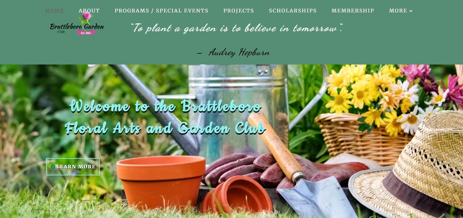 Homepage screenshot of Brattleboro Floral Arts and Garden Club, a Vermont garden club website