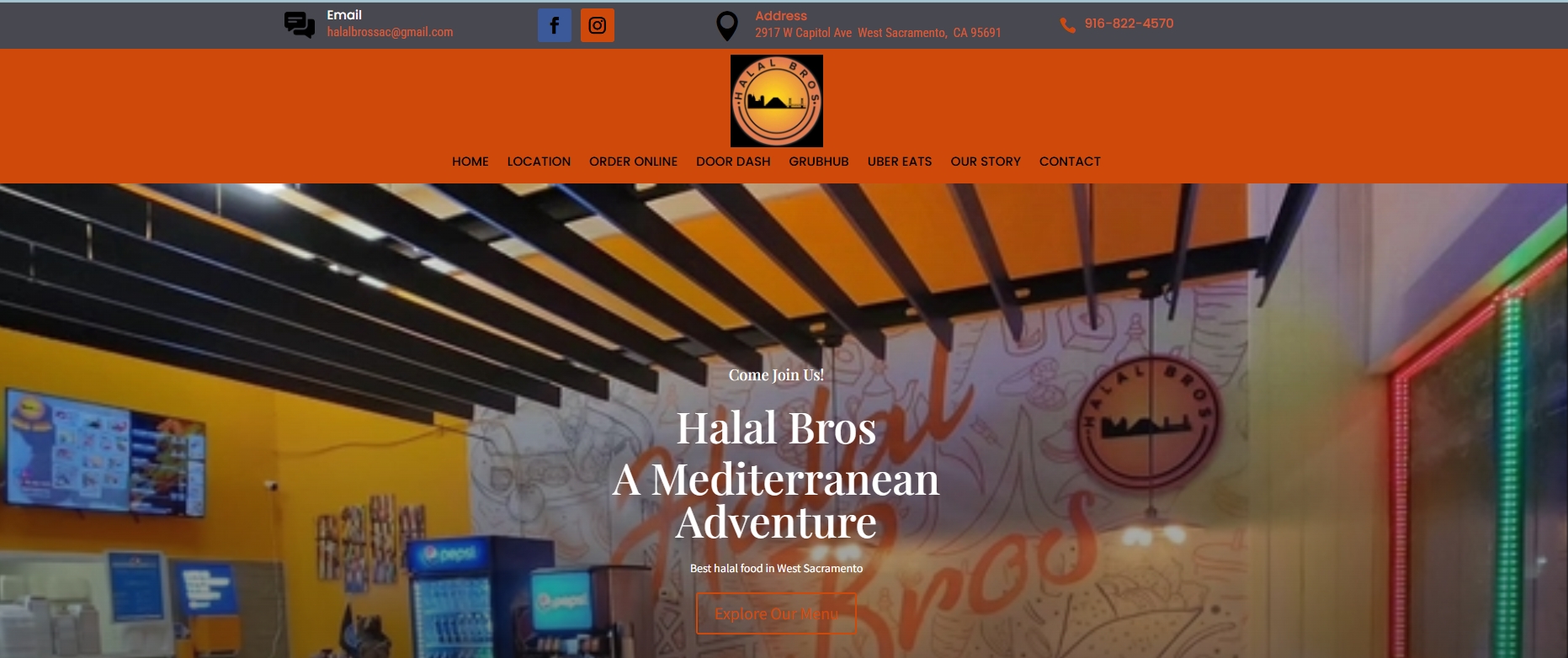 Homepage screenshot of Halal Bros, a halal restaurant website in West Sacramento, CA