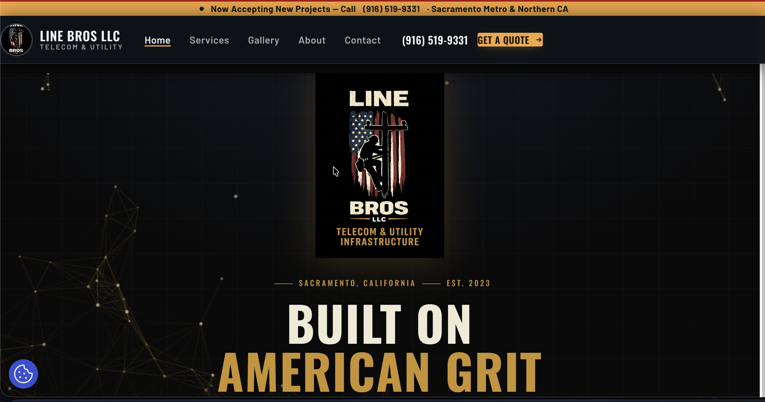 Homepage screenshot of Line Bros LLC, an electrical and telecom contractor website in Sacramento, CA