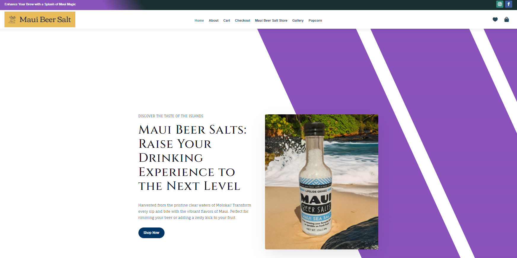 Homepage screenshot of Maui Beer Salts, a specialty drink and rimming salt e-commerce store