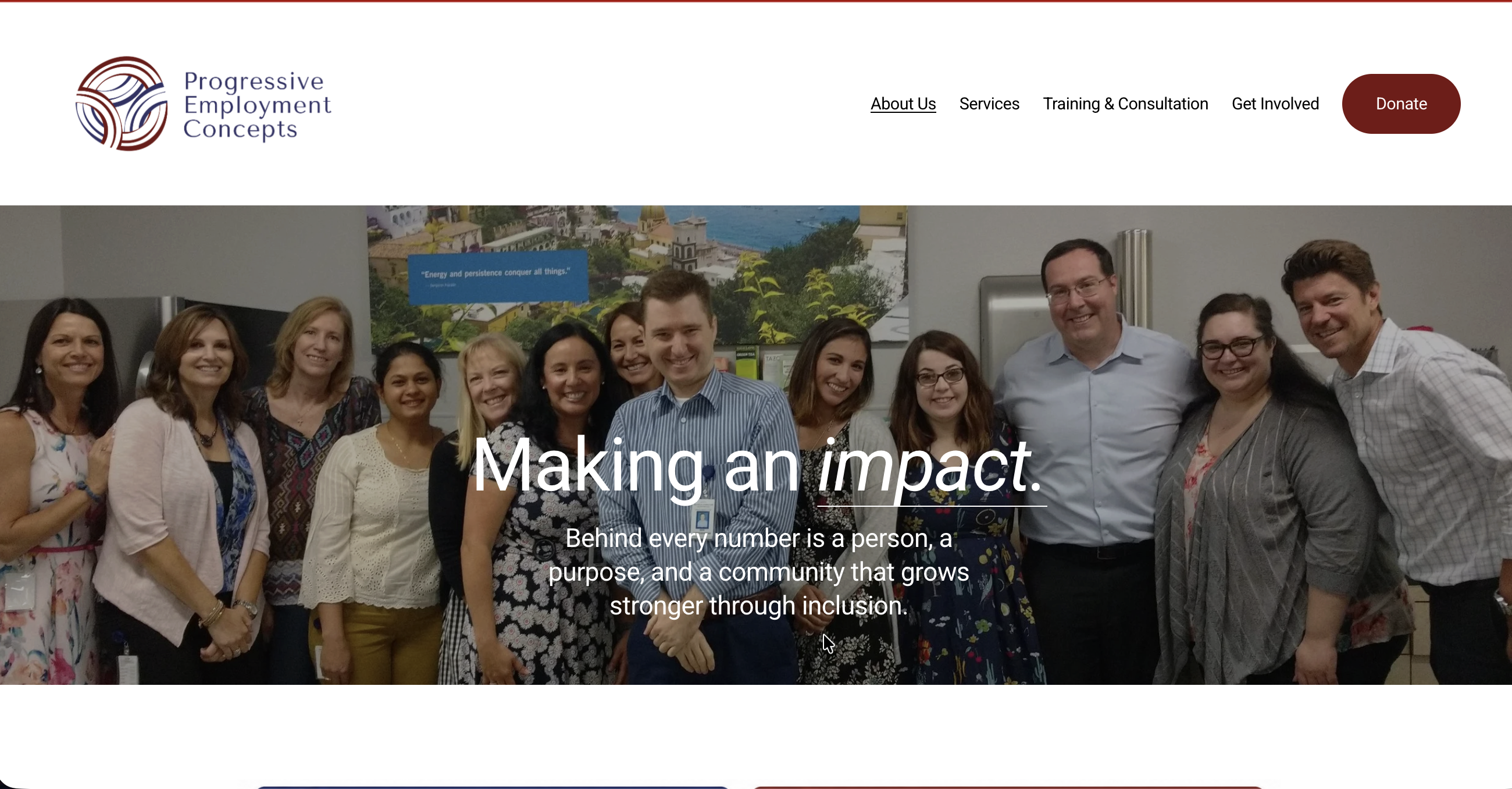 Homepage screenshot of Progressive Employment Concepts, an employment and community services nonprofit