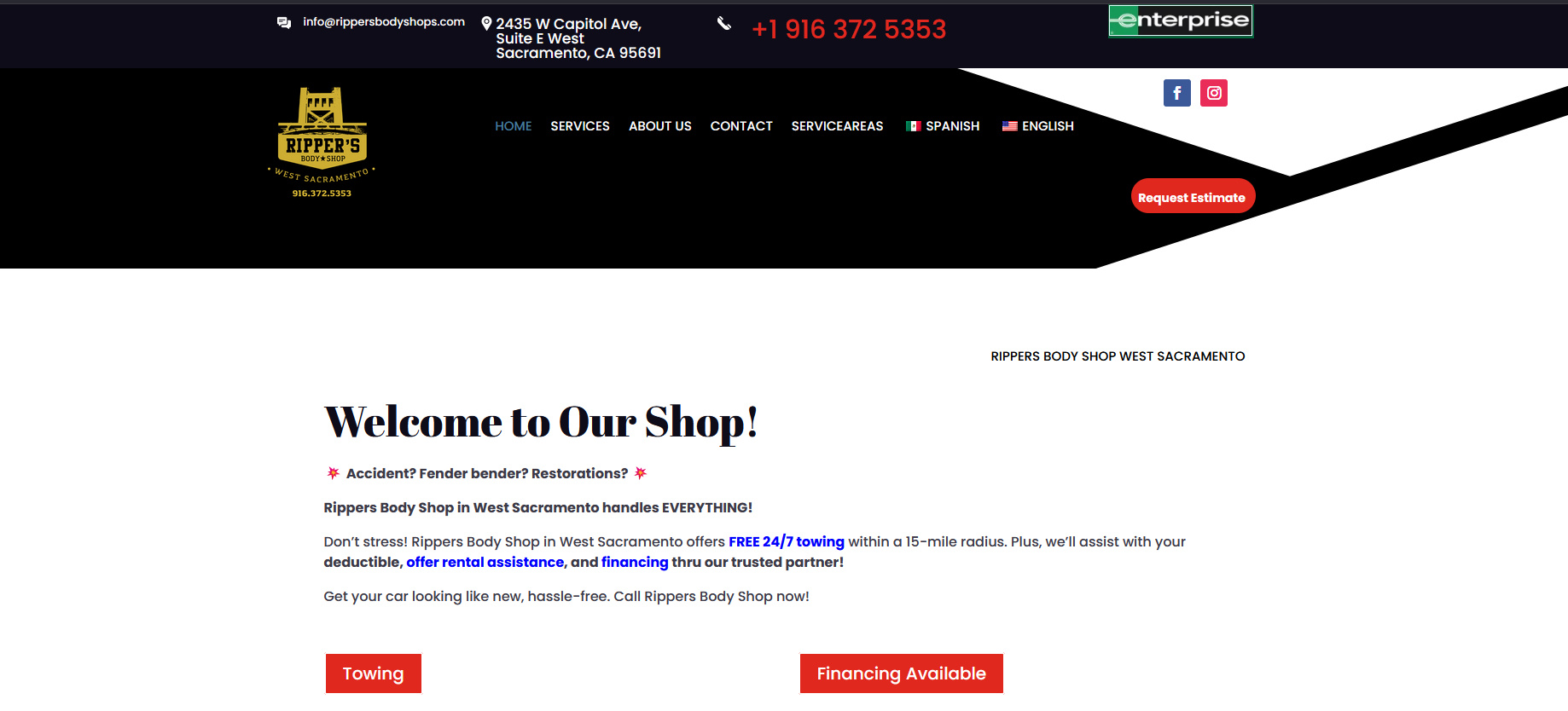 Homepage screenshot of Rippers Body Shop, an auto body and collision repair shop in West Sacramento, CA