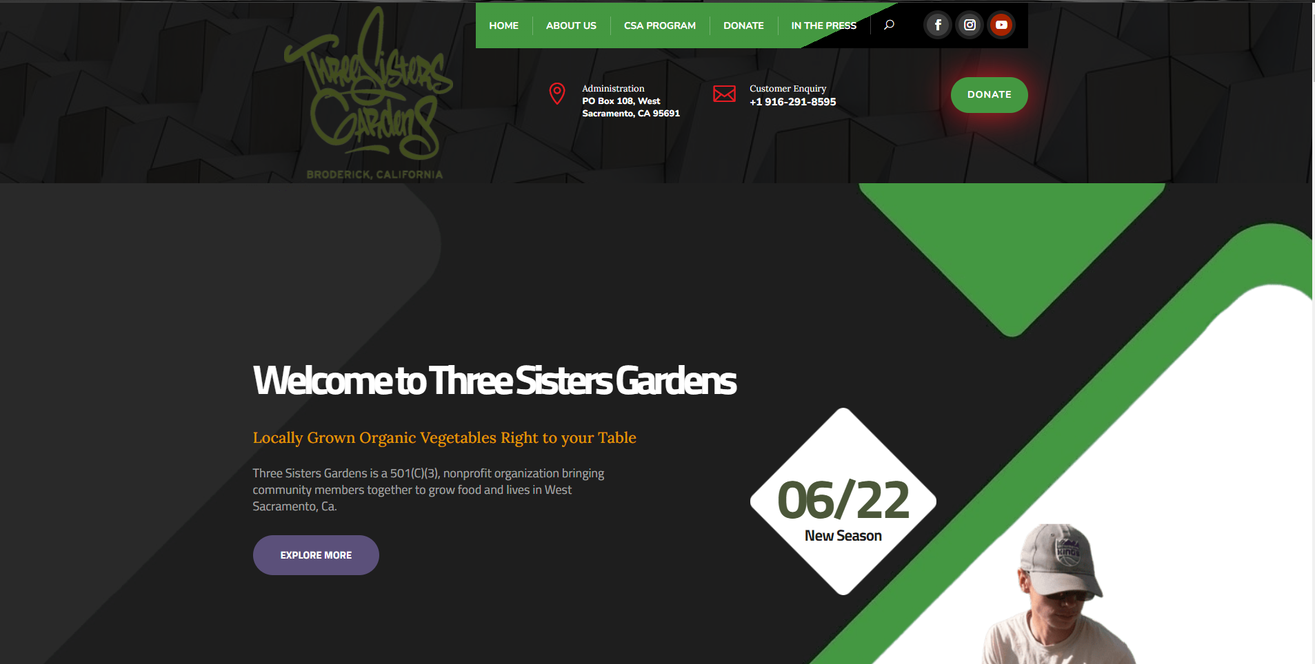 Homepage screenshot of Three Sisters Gardens, a youth community gardening nonprofit
