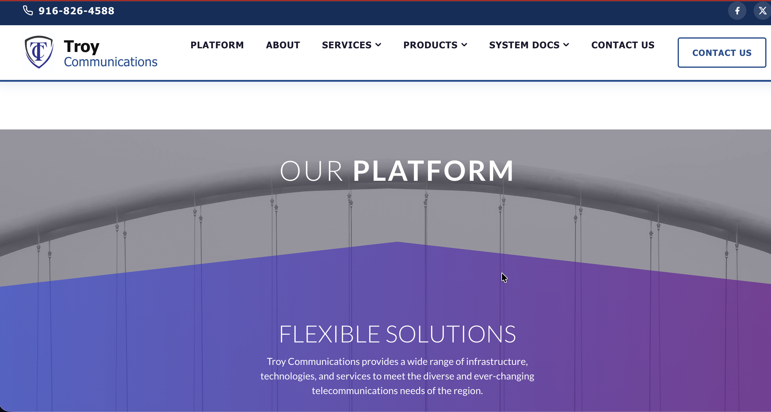 Homepage screenshot of Troy Communications, a business telecom and cabling company website