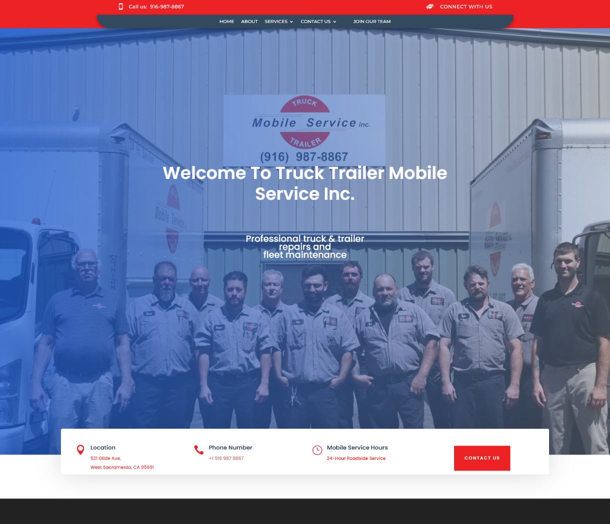 Homepage screenshot of Truck Trailer Mobile Service Inc, a Northern California truck and trailer repair company