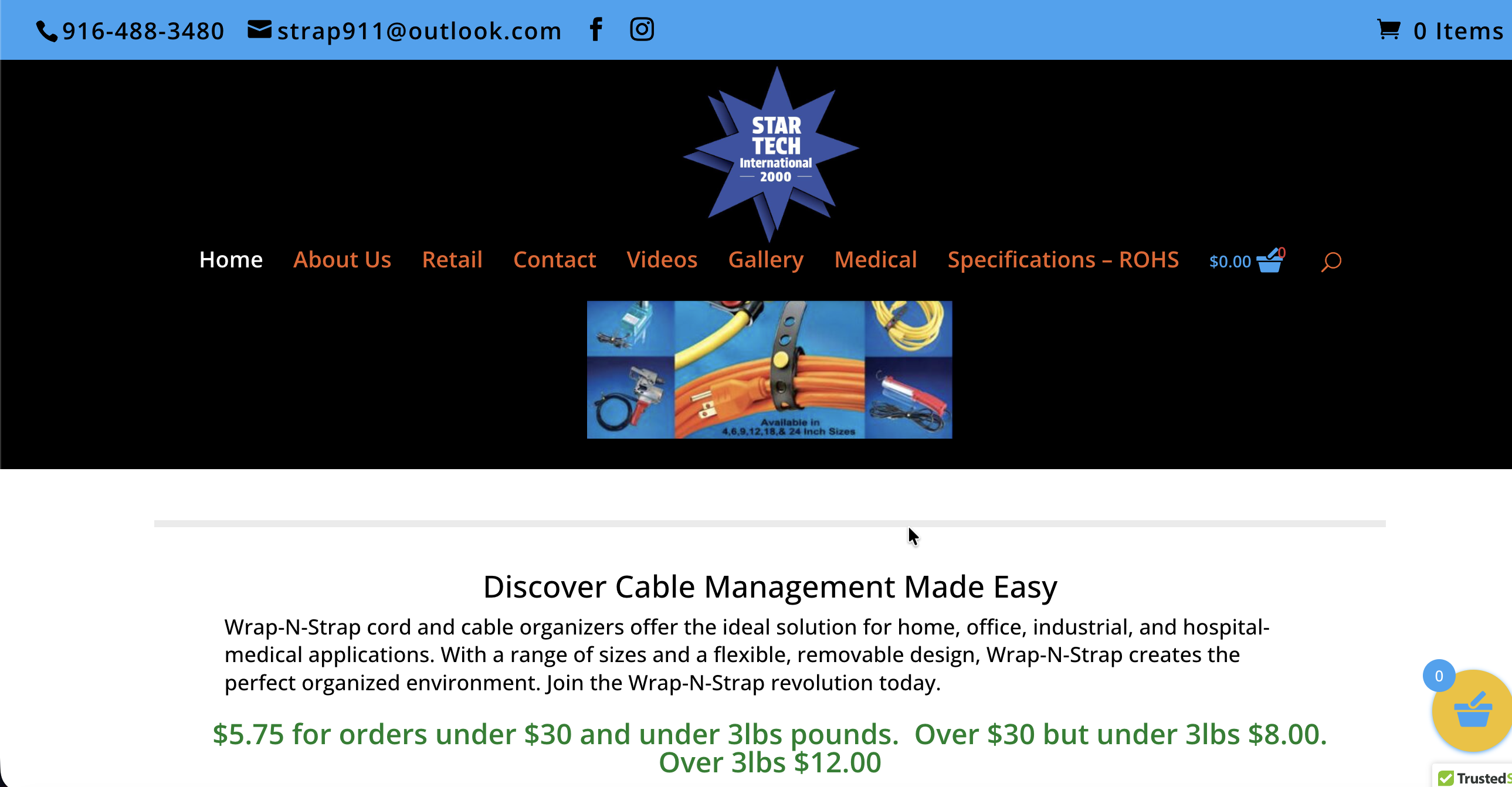 Homepage screenshot of Wrap-N-Strap, a cord and cable organizer e-commerce store by Star Tech International